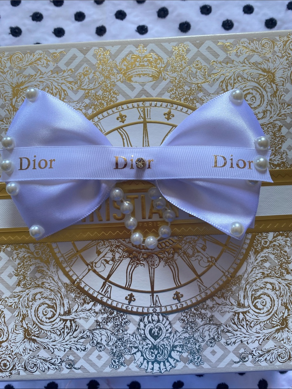 Handmade Dior White Satin Bow Hair Clip with Pearl Accents